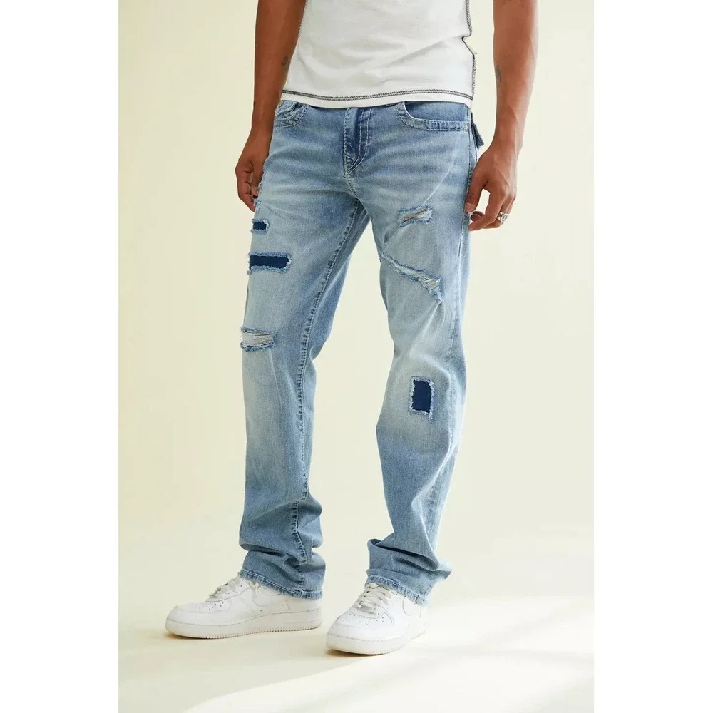 True Religion Ricky Relaxed Straight Mens 46x34 Light Vintage Wash Double Flap